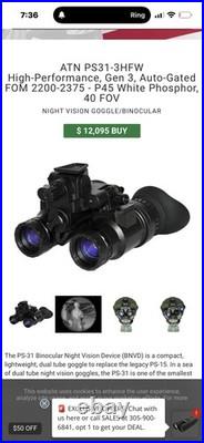 ATN PS31-3HFW BNVD Gen 3 White Phosphor 40 FOV Night Vision Goggles FOM 2376+